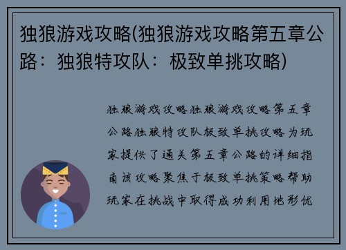 独狼游戏攻略(独狼游戏攻略第五章公路：独狼特攻队：极致单挑攻略)